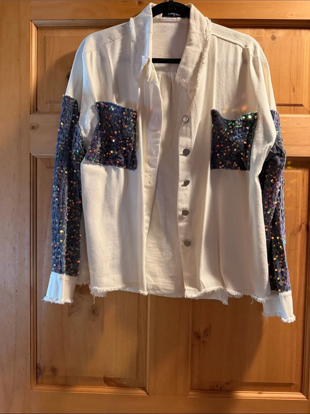 Cream Jean Jacket with Multicolor Sequin Panels